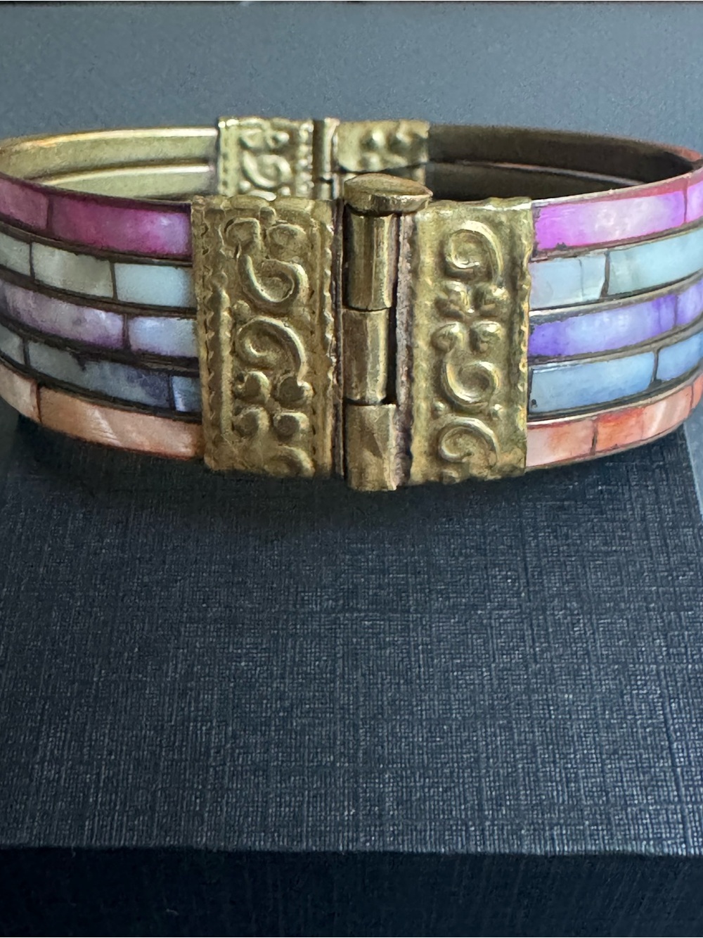 Vintage 70s Brass Mother of Pearl Cuff Bracelet Multi Row Inlay Hinged Bangle